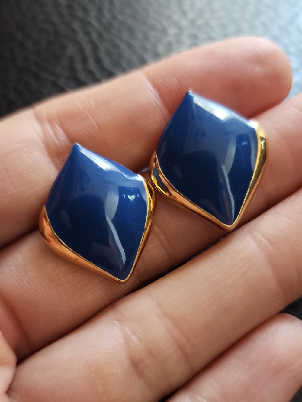 VTG Classic Navy Blue Gold-Trim Stud Earrings - Women Jewelry